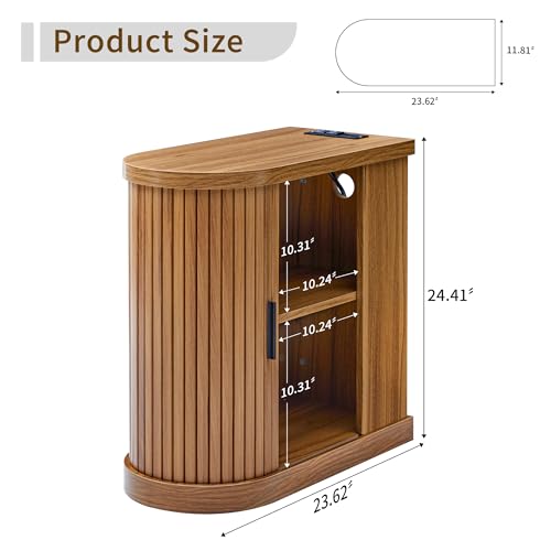 Mid-Century Modern Walnut Narrow End Table with Charging Station - Fluted Design