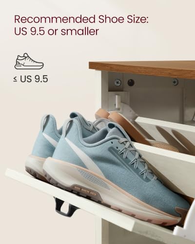 VASAGLE Farmhouse Shoe Cabinet Narrow Storage Organizer with 2 Flip Drawers - Rustic White, 9.4 x 34.3 x 34.6 inches