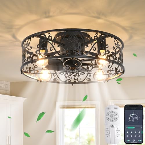 20-Inch Caged Ceiling Fan with Lights and Remote - Black, Flush Mount