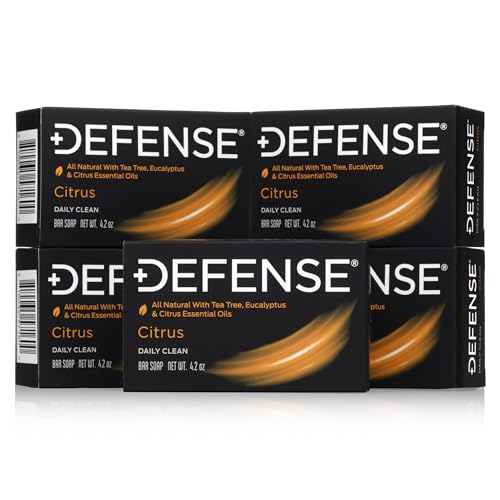 Defense Soap Citrus Bar ? All Natural Tea Tree, Eucalyptus & Citrus Essential Oils ? Post Workout Hygiene for Athletes, Sports & Active Lifestyles ? Washes Away Sweat & Body Odor ? 4.2 oz (Pack of 5)