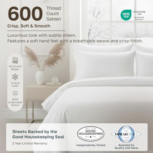 Bright White King Size Cotton Sateen Sheets Set - 600 Thread Count Luxury Bedding