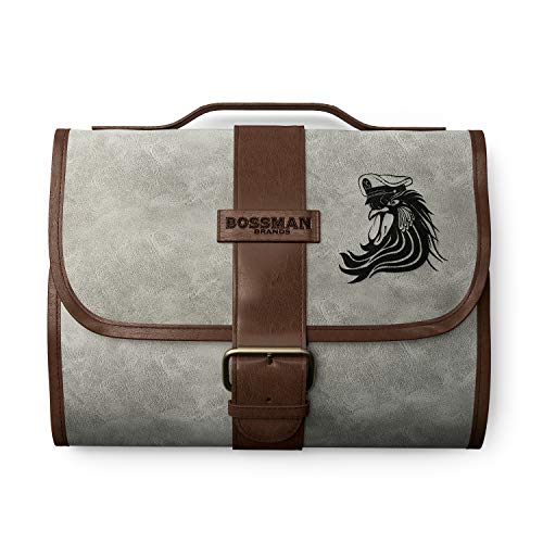 Bossman PU Leather Toiletry Bag for Men - Water Resistant Toiletry Kit Mens Hanging Travel Organizer - Hand Crafted Portable Traveling Accessories
