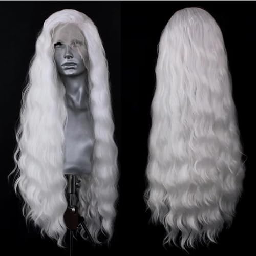 ELESTY CR1001 White Long Wavy Synthetic Lace Front Wig 24 Inch for Women — Glueless, Pre-Plucked, Heat Resistant Fiber, Cosplay & Party