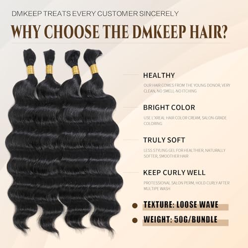 DMKEEP Natural Black Loose Wave Human Braiding Hair 20 Inch - Bundles for Boho Braids