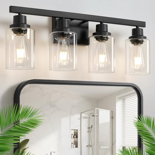 Black 4-Light Bathroom Vanity Light - Modern Matte Black Wall Sconce with Clear Glass Shades, Over Mirror, Bedroom & Living Room
