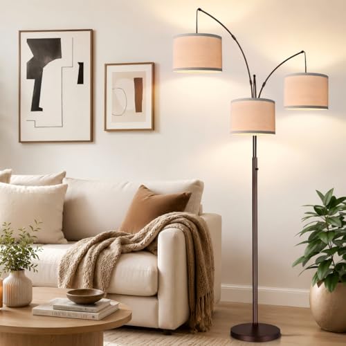 Dimmable Arc Floor Lamp with Beige Linen Shade - 3 Lights Tall Standing Lamp for Living Room Bedroom Office - Brown Beiged Variation