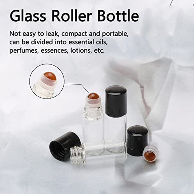 JIUWU 50 Pack, 3 ml Essential Oil Roller Bottles with Orange Glass Roller Ball, Refillable Leak-proof Empty Clear Glass Mini Roll on Bottles with Caps for Perfume, Travel, with 1 Tool 2 Funnels