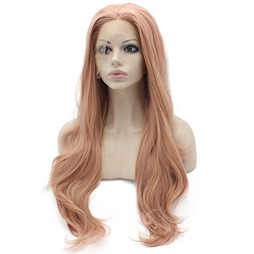 24-Inch Long Wavy Synthetic Lace Front Wig - Natural Hand Tied Rose Pink & Black Green Mix