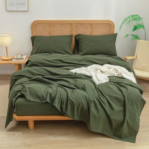 King Size Olive Green Cotton Linen Feel Sheet Set - Washed 100% Cotton, Deep Pocket