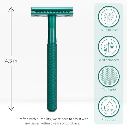 Bambaw Men Safety Razor with 5 Double Edge Safety Razor Blades, Single Blade Razor for Men & Women, Plastic Free Stainless Steel Razor - Sea Green