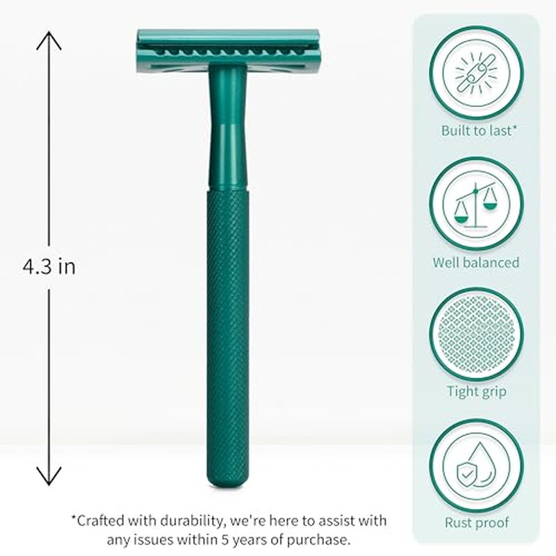 Bambaw Men Safety Razor with 5 Double Edge Safety Razor Blades, Single Blade Razor for Men & Women, Plastic Free Stainless Steel Razor - Sea Green