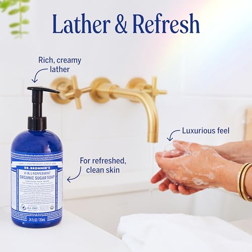 Dr. Bronner's Organic Sugar Soap (Peppermint, 64 Ounce)- Made with Organic Oils, Sugar & Shikakai Powder, 4-in-1 Uses: Hand and Body Wash, Face, Hair- Cleanses, Moisturizes, Nourishes, Vegan