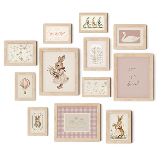 Framed Nursery Wall Art Set for Baby Girls - Pink Bunny, Swan, Animals, 12 Prints in Multi Sizes