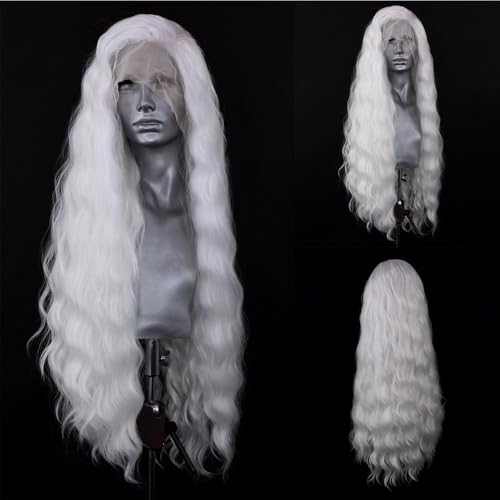 ELESTY CR1001 White Long Wavy Synthetic Lace Front Wig 24 Inch for Women — Glueless, Pre-Plucked, Heat Resistant Fiber, Cosplay & Party