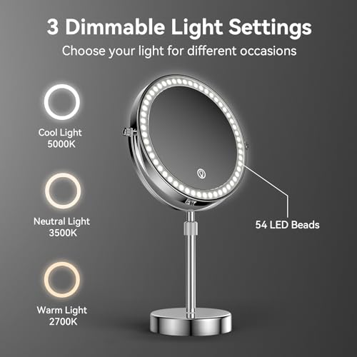 Lighted Makeup Mirror with 10X Magnification, Adjustable Height & Touch Dimming