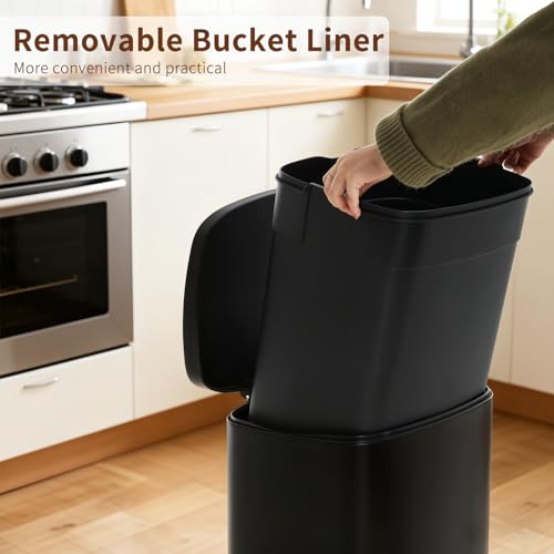 13-Gallon Trash Can with Lid - Black Stainless Steel Removable Inner Bucket