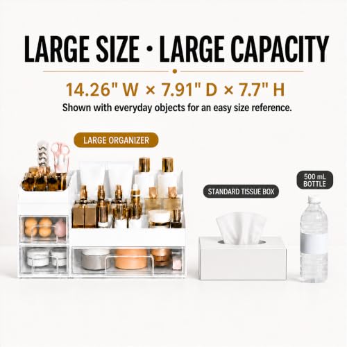Mriluvy Extra Large White Clear Makeup Organizer with 3 Drawers & Brush Holder