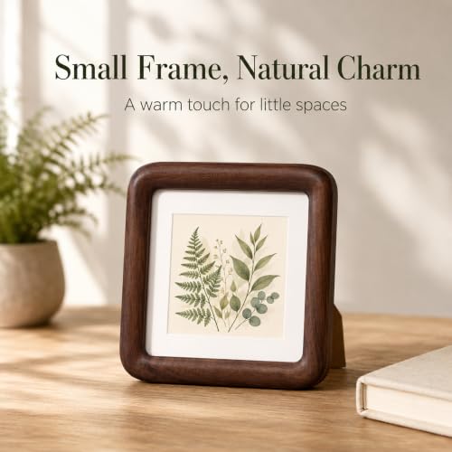 Wooden 4x4 Picture Frame with Mat - Walnut Rounded Corner Photo Frame for Wall or Tabletop Display