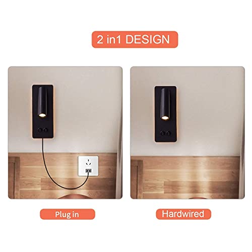 MOLUOLA LIGHTING 2 Pack Black LED Wall Sconces with Reading Night Light, 3W+6W, Plug-in & Hardwire Options