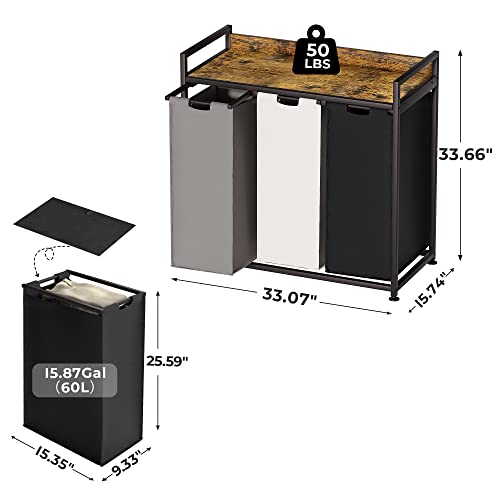 Laundry Hamper with 3 Removable Bags and Shelf - Rustic Brown, 60L Capacity, Movable Wheels - 3 Bag Set