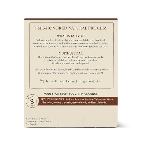 THE RUSTIC LANDS Natural Tallow Soap Bars Set of 4 - Grass Fed Beef Tallow with Raw Honey & Olive Oil - Made in the USA Soap for Sensitive Skin, Moisturizing Bath & Body, 5oz Each