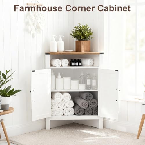 M METERXITY Bathroom Corner Cabinet with Barn Doors, Adjustable Shelf - Farmhouse Rustic Style, Waterproof MDF Storage Organizer