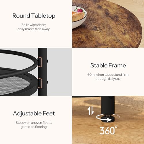 Round Dining Table for 2 with Two-Tier Storage - Rustic Brown & Black, 31.5" Kitchen Table for Small Spaces