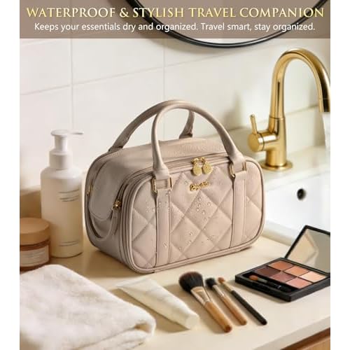 Travel Makeup Bag, Large Capacity Quilted Toiletry Bag for Women Stand-up Cosmetic Bag Open Flat Make Up Case Organizer Portable Pouch Purse w/Handle for Traveling Accessories Beige Floral