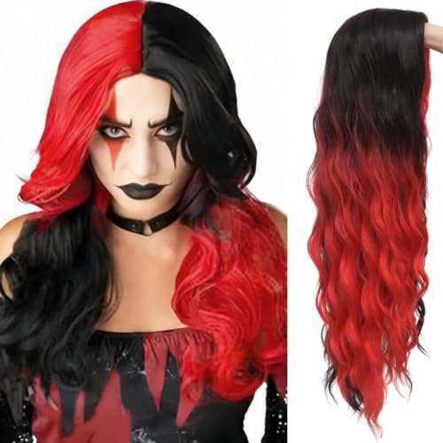 Long Curly Half Red Black Wig 27 Inch Synthetic Wavy Costume Hair for Women - Variation of THIS listing
