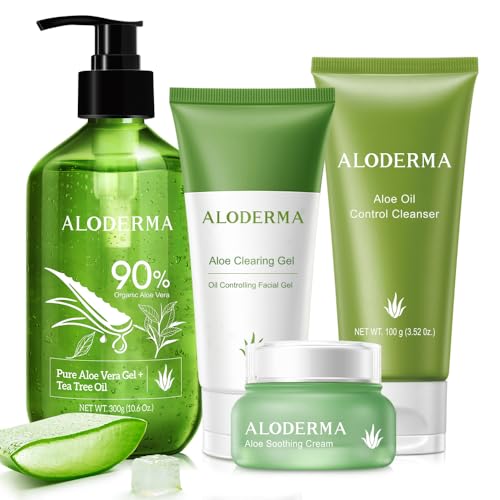 Aloderma Aloe Clearing Set - 5 Pieces - Cleanser, Soothing Cream, Aloe Vera Gel with Tea Tree Oil and Clearing Gel x2pcs