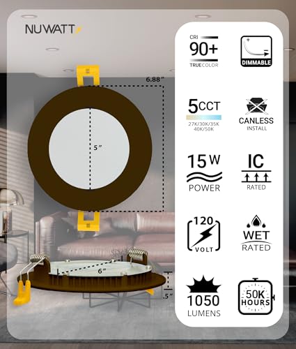 6 Inch Bronze Recessed LED Light Fixture - 5 CCT Dimmable Water-Resistant