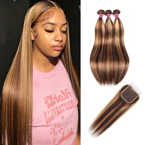P4/27 Highlight Brown Blonde Human Hair Bundles with 4x4 Lace Closure - Ombre 3 Bundles 12 14 16 + 12 Inch Free Highlight