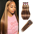 P4/27 Highlight Brown Blonde Human Hair Bundles with 4x4 Lace Closure - Ombre 3 Bundles 12 14 16 + 12 Inch Free Highlight