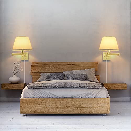 Gold Dimmable Wall Sconce Set of 2 - Large Swing Arm Wall Lights with Plug-In Cord