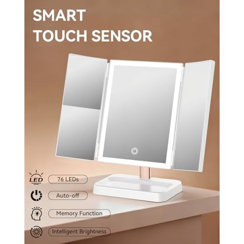 Vanity Mirror with Lights, Makeup Mirror 1X, 2X, 3X Magnification, Trifold 9" L x 14" W, Large Vanity Desk Mirror£¬Valentine¡®s Gift for Wife, Mom, Her - Gift for Girlfriend, Women & Teens