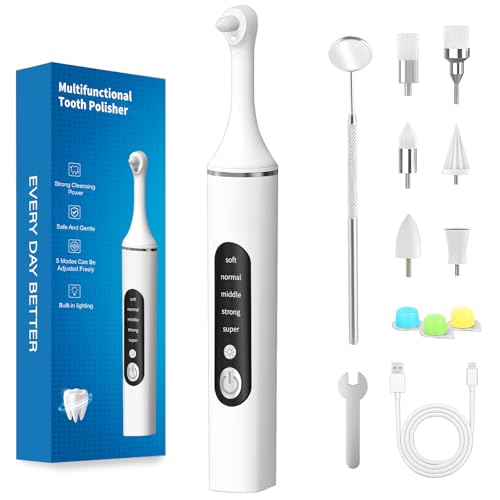 JUSIIUE Rechargeable White Tooth Polisher Kit with LED Light & 6 Heads