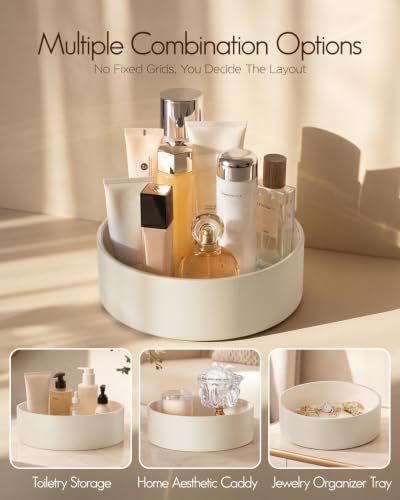 Cream White Rotating Perfume & Makeup Organizer - PU Leather Vanity Storage