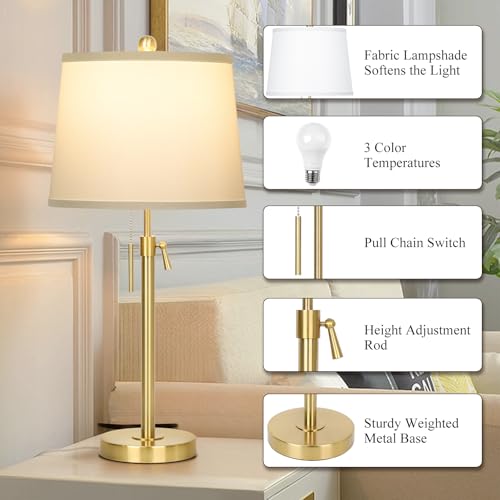 Adjustable 22-30 Inch Gold Table Lamps Set of 2 with White Shades & 3 Color Temperatures