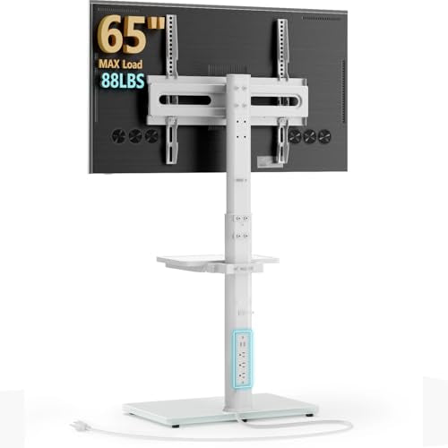 White Floor TV Stand with Power Outlet & Shelf for 27-65 inch TVs, 70° Swivel, 9-Level Height Adjustable