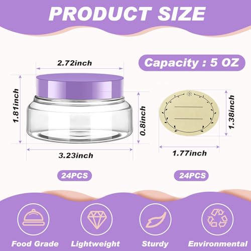 24 Pack 5 oz Clear Purple Plastic Cosmetic Jars with Lids & Labels - Reusable