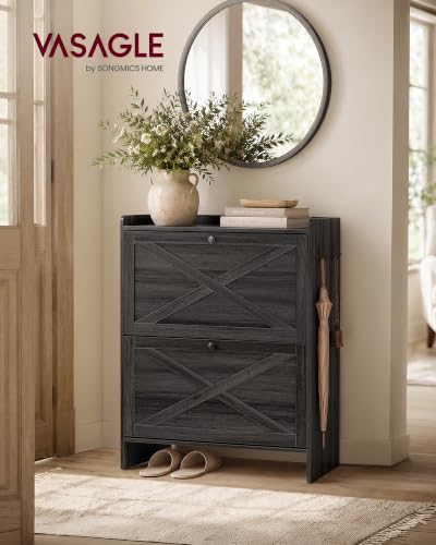 VASAGLE Narrow Shoe Storage Cabinet Organizer with 2 Flip Drawers - Smoky Black
