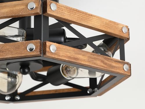Oak and Black 2 Pack Rustic Farmhouse 3-Light Ceiling Light Fixtures - Wood & Metal Flush Mount for Hallway, Entry, Bedroom, Kitchen