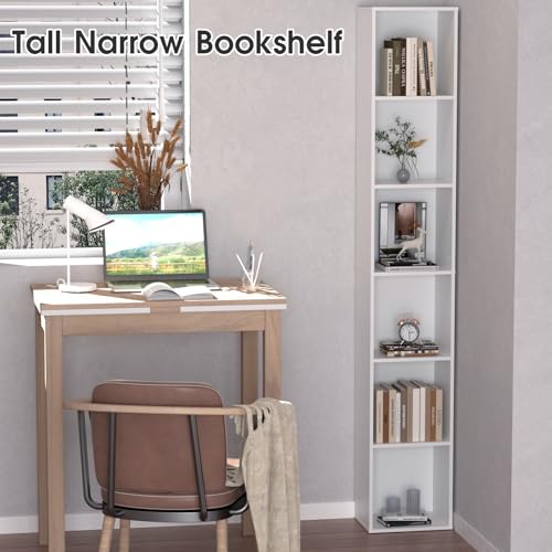 White 6-Tier Narrow Tall Bookcase - 70.5 Inch Slim Wall Shelf for Small Spaces