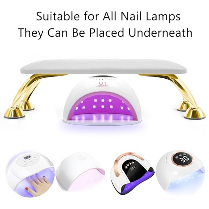 Arm Rest for Nails Tech Soft Comfortable, Nail Arm Rest Anti-Slip, Microfiber Leather Manicure Hand Rest for Nails Tech Armrest Stand with Gold Stainless Steel Legs
