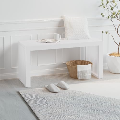 White Bamboo Entryway Bench 35.4-Inch Wooden Shoe Storage Seating - Rustic Farmhouse Style
