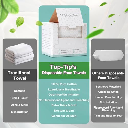 100% Pure Cotton Disposable Face Towel, 2 Pack Soft & Skin Friendly Face Towelettes Disposable for Sensitive Skin, Lint- Free Makeup Remover Dry Wipes, Thick Facial Towels Disposable