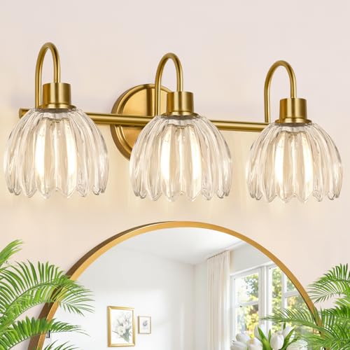 3-Light Bathroom Vanity Light Fixture - Brushed Gold Tulip Glass Shade, Wall-Mounted, Dimmable