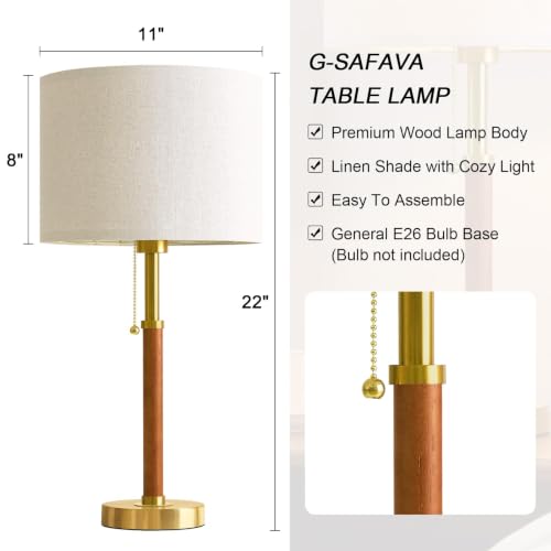 Mid Century Modern Wood & Gold Table Lamp - 22 Inch Nightstand Lamp for Bedroom & Living Room