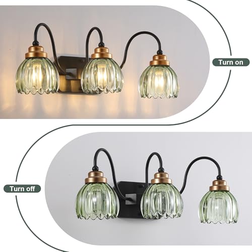 Vintage Green Tulip Crystal Bathroom Light Fixture - 3-Light Farmhouse Style - Variation of Green / 3-Light