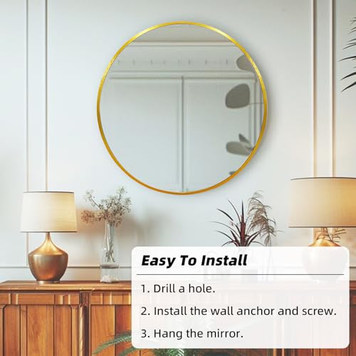 30 Inch Gold Round Mirror with Brushed Metal Frame - Wall Decor, HD Glass, Easy Install